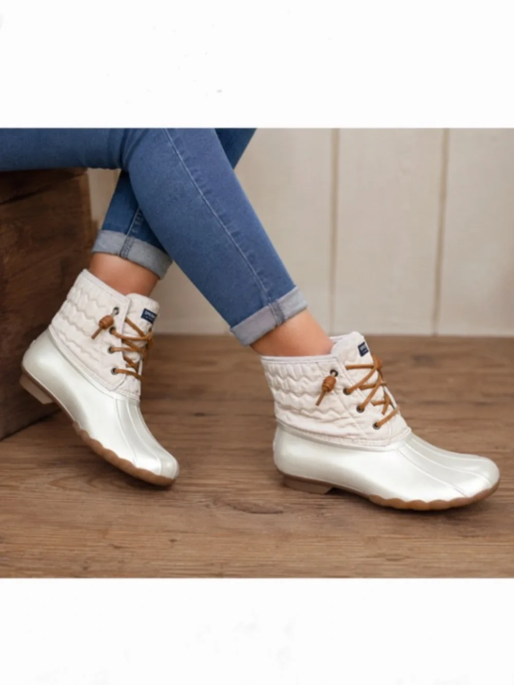 Sperry Cream Quilted Duck Boots with Tan Laces